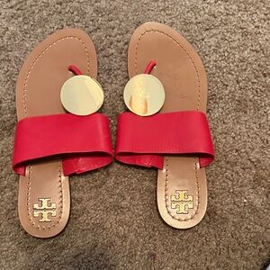 Tory Burch Red Slides with Gold Disc